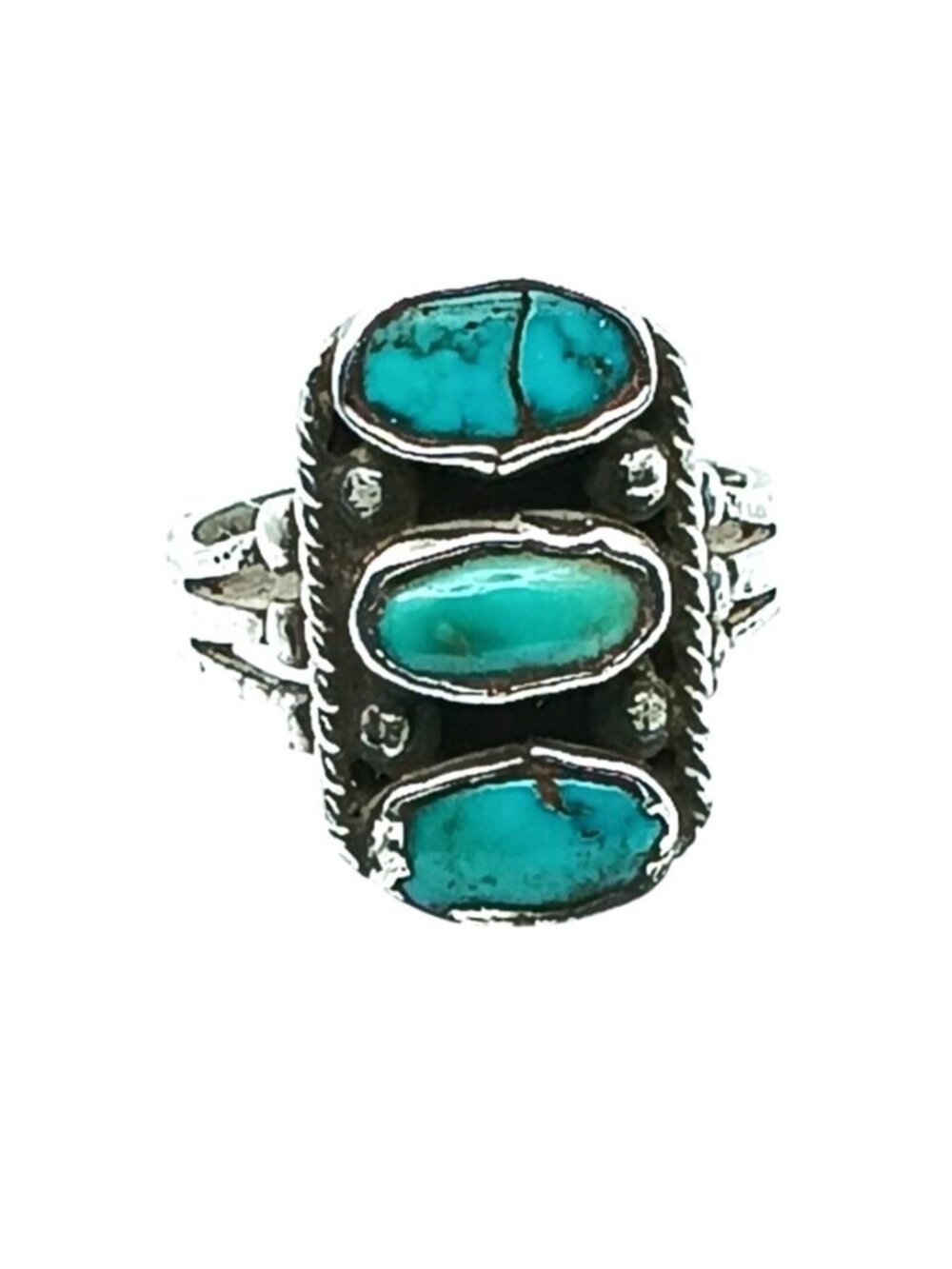 Vintage Sterling Silver Ring with Triple Turquoise Stone Design Old Pawn Stateme